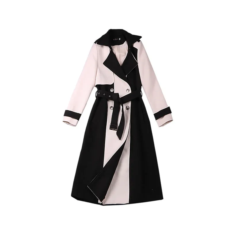

2022 Fashion Spring Autumn Long Trench Coats Women Clothing Patchwork Woolen Windbreaker Coat Sashes Slim Casual Overcoats m82