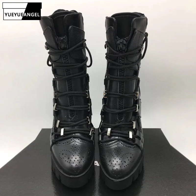 

Winter Fashion Women Runway High Heels Riding Knight Boots Lace Up Platform Shoes Brand Motorcycle Genuine Leather Ankle Boots