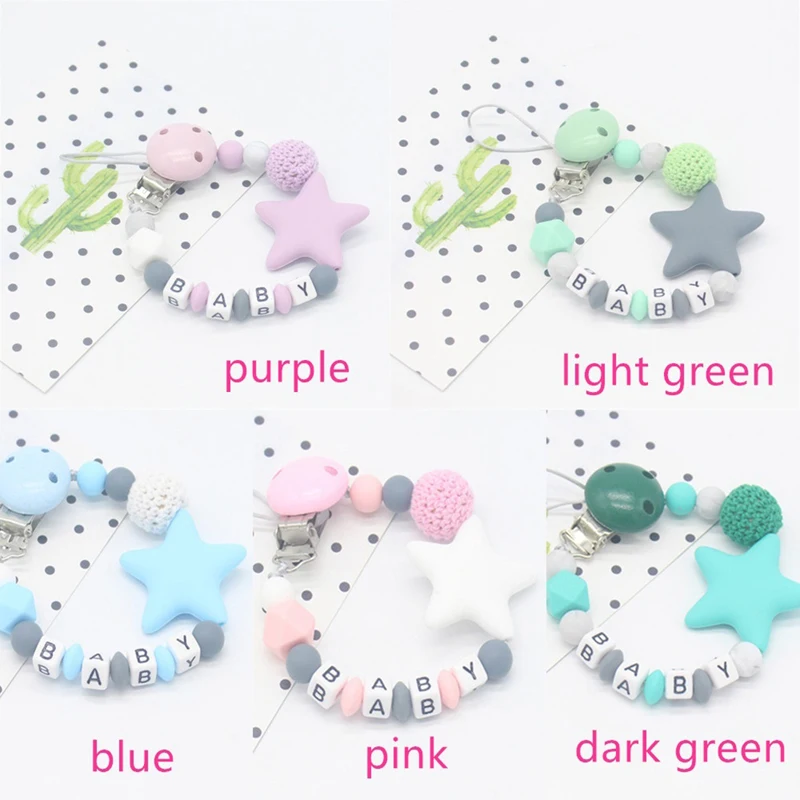 

Pacifier Clips Holder Chain Silicone Pacifier Five Star Baby Teether Teething Chain does Not customizable your baby name
