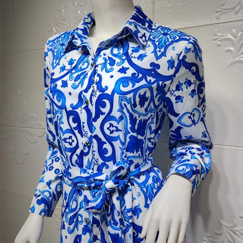 2021 Ladies Blue Floral Maxi Dress Lapel Long Sleeve Malay Indonesia Dubai Arabi Middle East Muslim Abaya