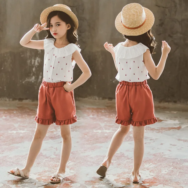 Летняя одежда для девочек рубашка в горошек + короткие брюки комплекты одежды
