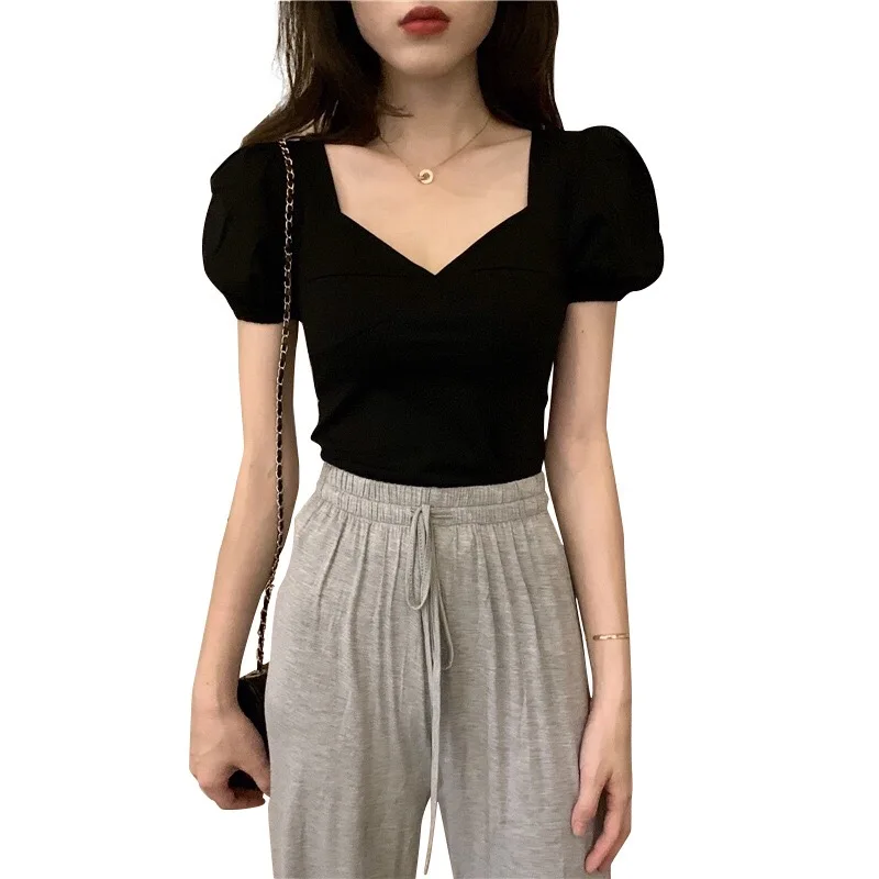 Женская облегающая футболка с коротким рукавом однотонная красная в Корейском