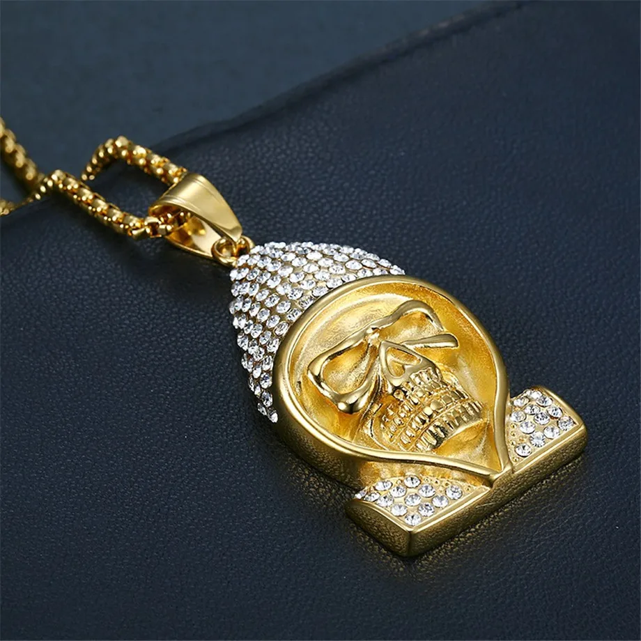 

Hip Hop Iced Out Bling Skull & Skeleton Pendant Necklaces Male Gold Color Stainless Steel Halloween Men's Jewelry Dropshipping