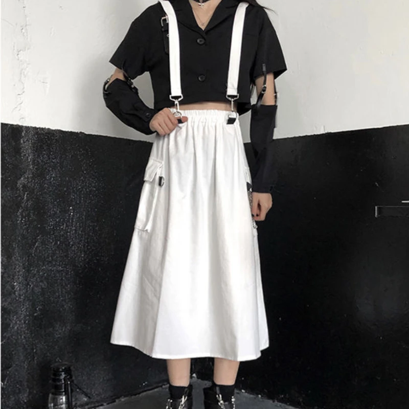 

HOUZHOU Gothic Long Skirt Women Mall Goth Punk Chain Pocket Loose Strap Black High Waist Midi Skirt Summer Harajuku Streetwear