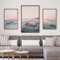 ocean waves surf pink sky print gallery poster wall art canvas painting seascape wall art sunset picture for living room decor