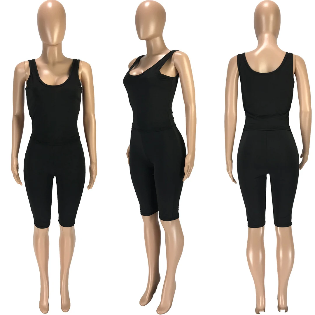 

2021Summer Fitness Activewear Two Piece Set Women Solid Low Neck Sleeveless Tank Top Legging Shorts Pants Outfit Soprt Tracksuit