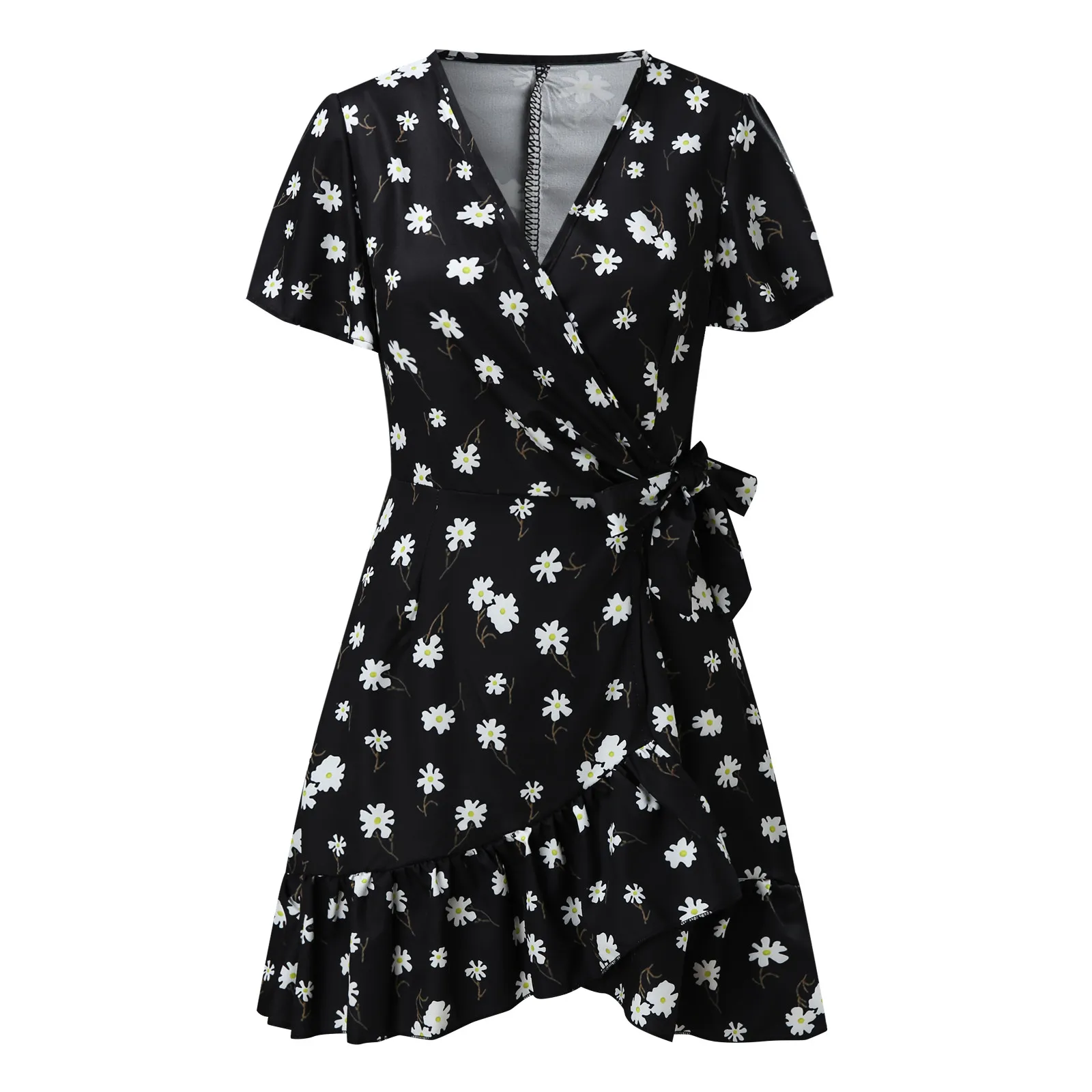 

Summer Dress For Women 2021 Casual Short-sleeved V-neck Flower Print Lace-up Ruffle Dress Female Loose Beach Dresses#35