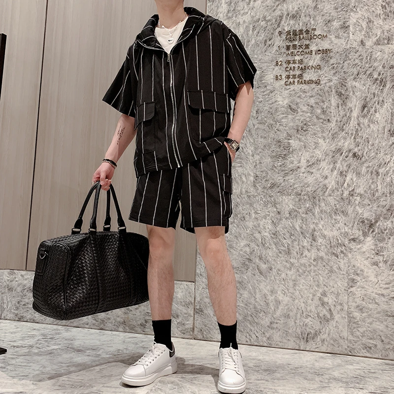 Корейский Летний мужской короткий комплект мода 2021 тонкая мужская рубашка с