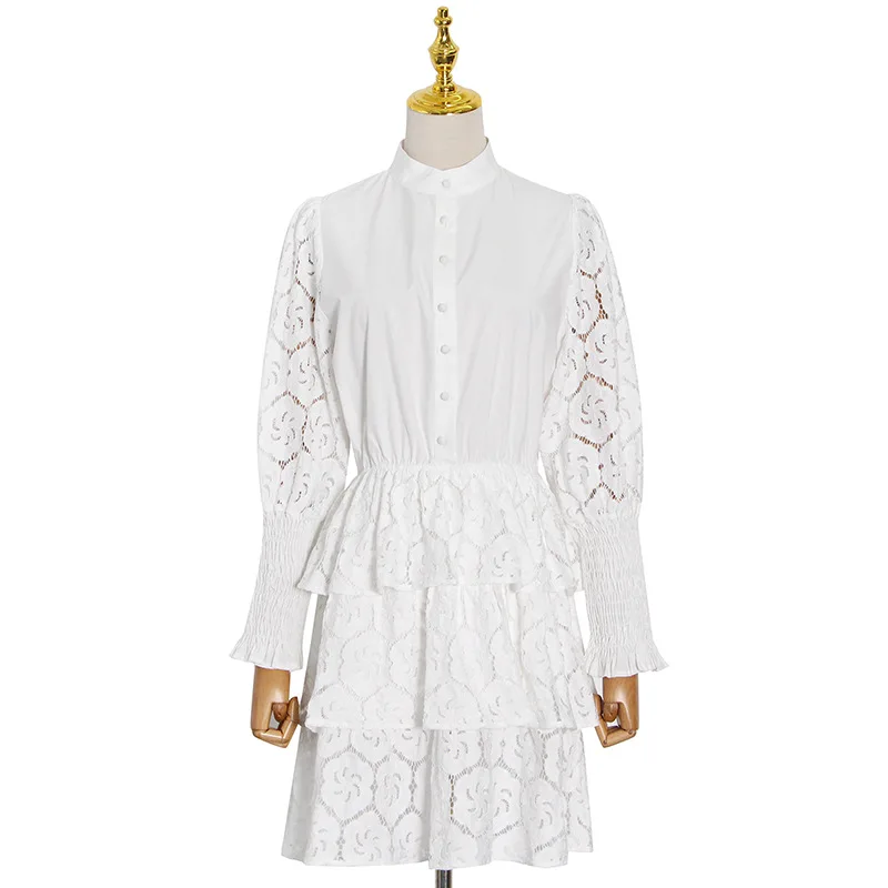 

2021 Spring New Women's Short Dress French Lace Solid Color Splicing Ruffles Long Sleeve Hollow Out Dress F056