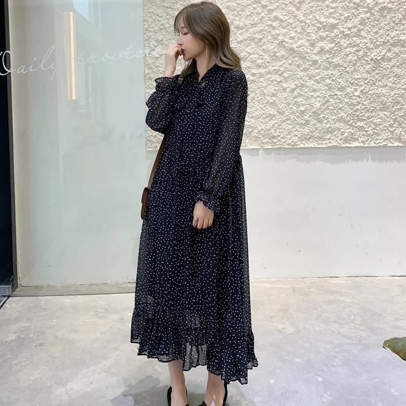 

BGTEEVER Loose Bow-neck Floral Women Dress Long-sleeve Ruffles Chiffon Female Dress Flare Sleeve Long Vestidos Femme 2019 Autumn