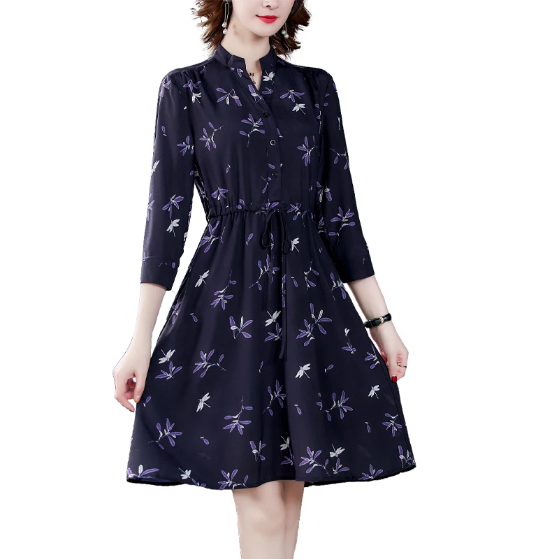 

2021 Fall Winter Vintage Floral Chiffon Midi Dresses Korea 3XL Plus Size Long Sleeve Dresses Women Classy Bodycon Party Vestidos