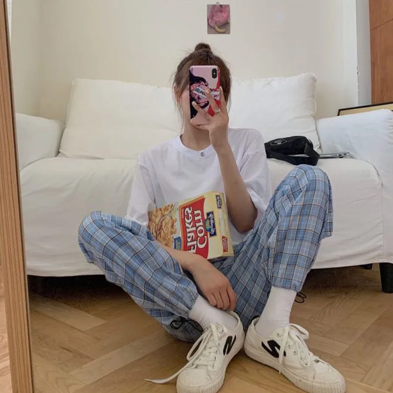 

Fashion Blue Checkered Harajuku Pants Women Straight Trousers High Waist Plaid Pants Autumn Baggy Pantalones Bottom 2021 Women