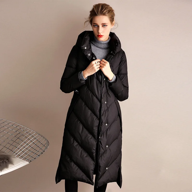 Solid 2021 Black New Trendy Thick Slim Detachable Hooded Nylon 90% white duck winter coat ankle-length women down coats