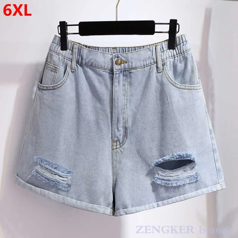 

Large size women's summer new loose outer wear wide legs a word hot pants hole denim shorts women clothing 6XL 5XL 4XL