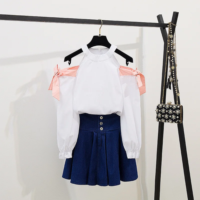 Блузка с бантом на плече и джинсовая короткая юбка Новое поступление комплект