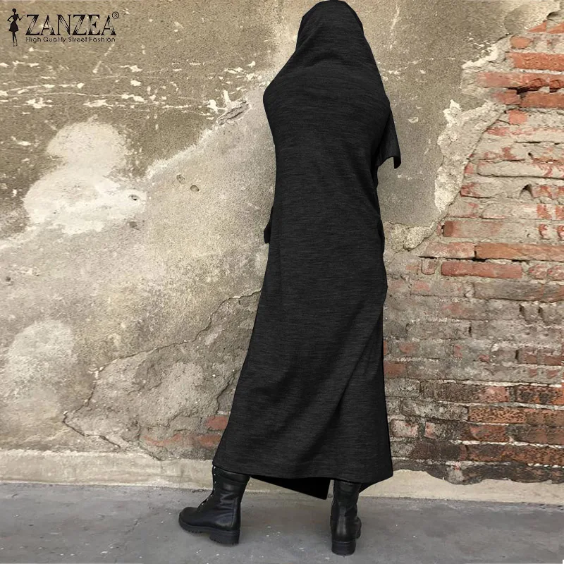ZANZEA осеннее длинное пальто женские куртки Винтажный Длинный Рукав свободный вырез кардиган женский однотонный открытый передний пальто Casaco