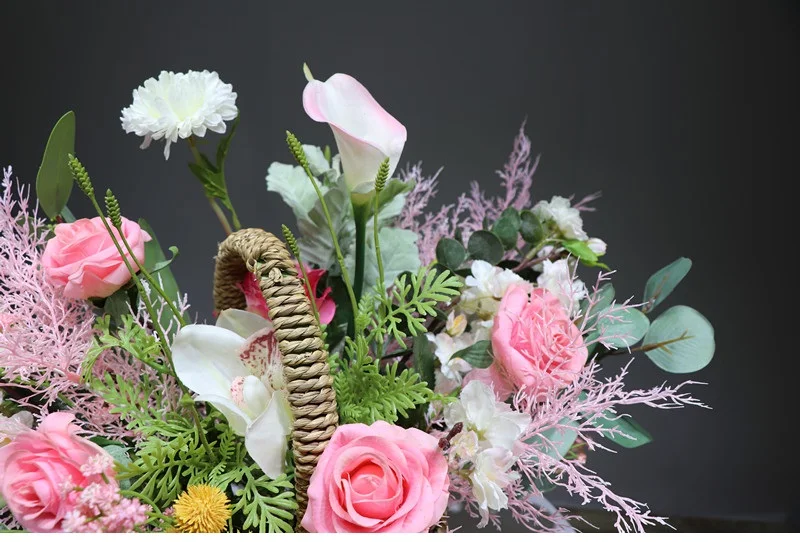 IINDIGO Designed- Pink Rose Flower Basket Flower Arrangement Gift Bouquet Artificial Flower Party Event Free Shipping