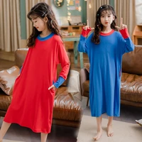 girls summer pajamas dress blue spliced long sleeved thin nightgown for girls clothes long kids sleepwear autumn child homewear