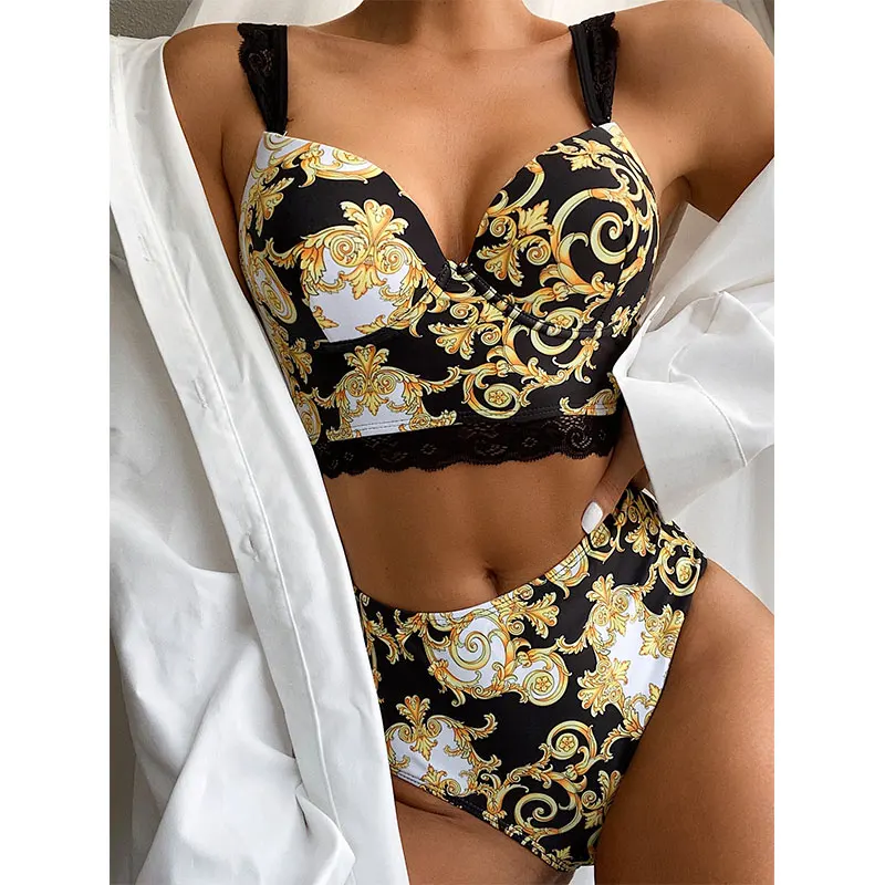 

Meihuida High Waist Paisley Print Bikini 2021 Push Up Swimwear Women Underwire Swimsuit Female Lace Bikinis Straps Bathing Suit
