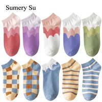 5 pairslot cute socks women candy colorful plaid stripe ankle casual daily wear cotton comfortable short sock girl gifts