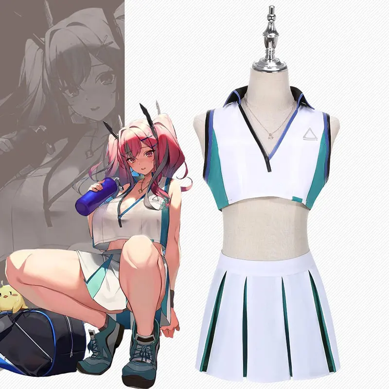 

Azur Lane USS Bremerton Cosplay Costume Sexy Women's 2 Piece Summer V Neck Top Sleeveless Pleated Skirt Halloween For Women