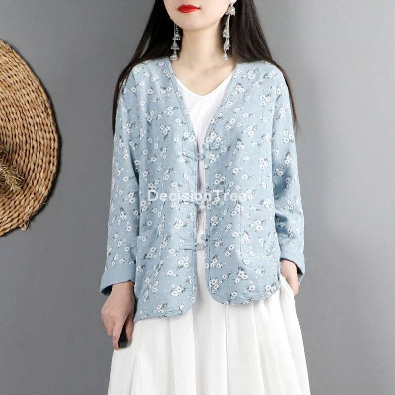 

2021 оригинальная Свободная рубашка, женская шифоновая блузка, китайская рубашка hanfu с цветочным принтом, хлопковая льняная Восточная китайс...