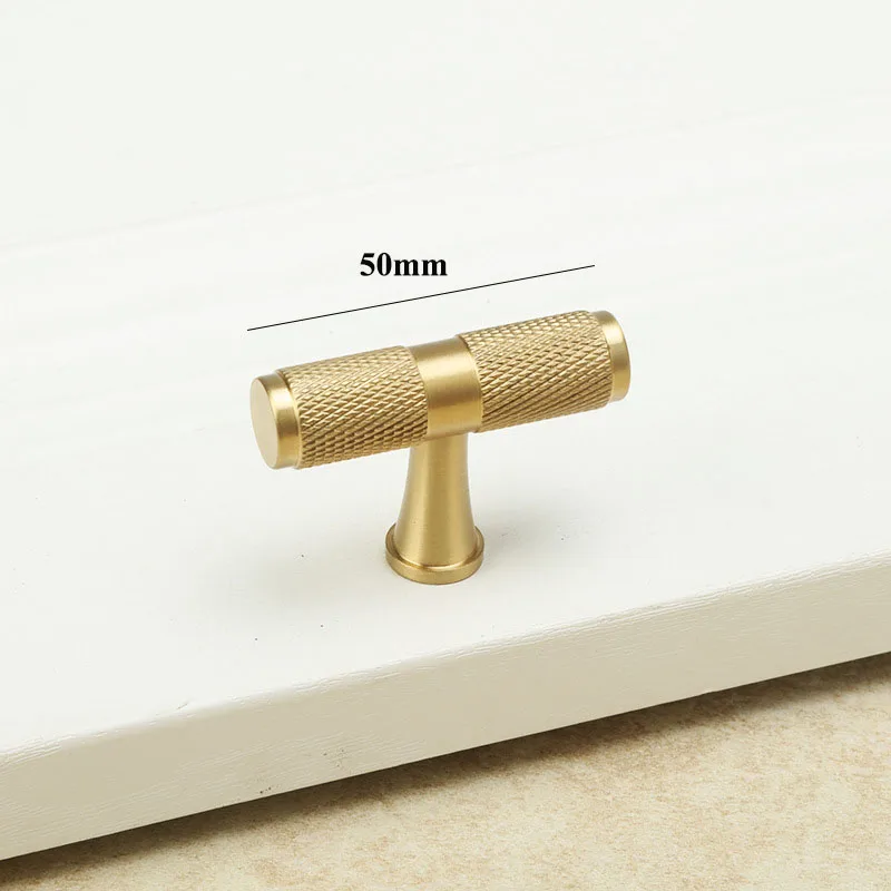 50mm length Золотые накатанные/текстурированные простые ручки и ручки для кухонного шкафа, ручки для выдвижных ящиков, ручки для спальни, латунные Т-образные, фурнитура для шкафа с scre - Цвет: 50mm length