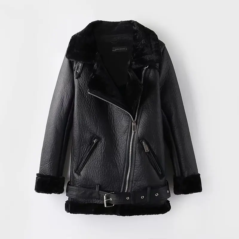 Женская куртка из искусственной кожи Zqlz черная Толстая теплая мотоциклетная на