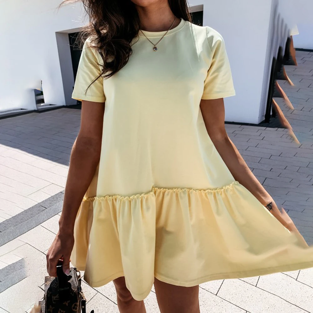 

Summer Loose Pure Color Ruffles Mini Dress For Women New Arrival 2021 Short Sleeve O-neck A-line White Beach T Shirt Dresses