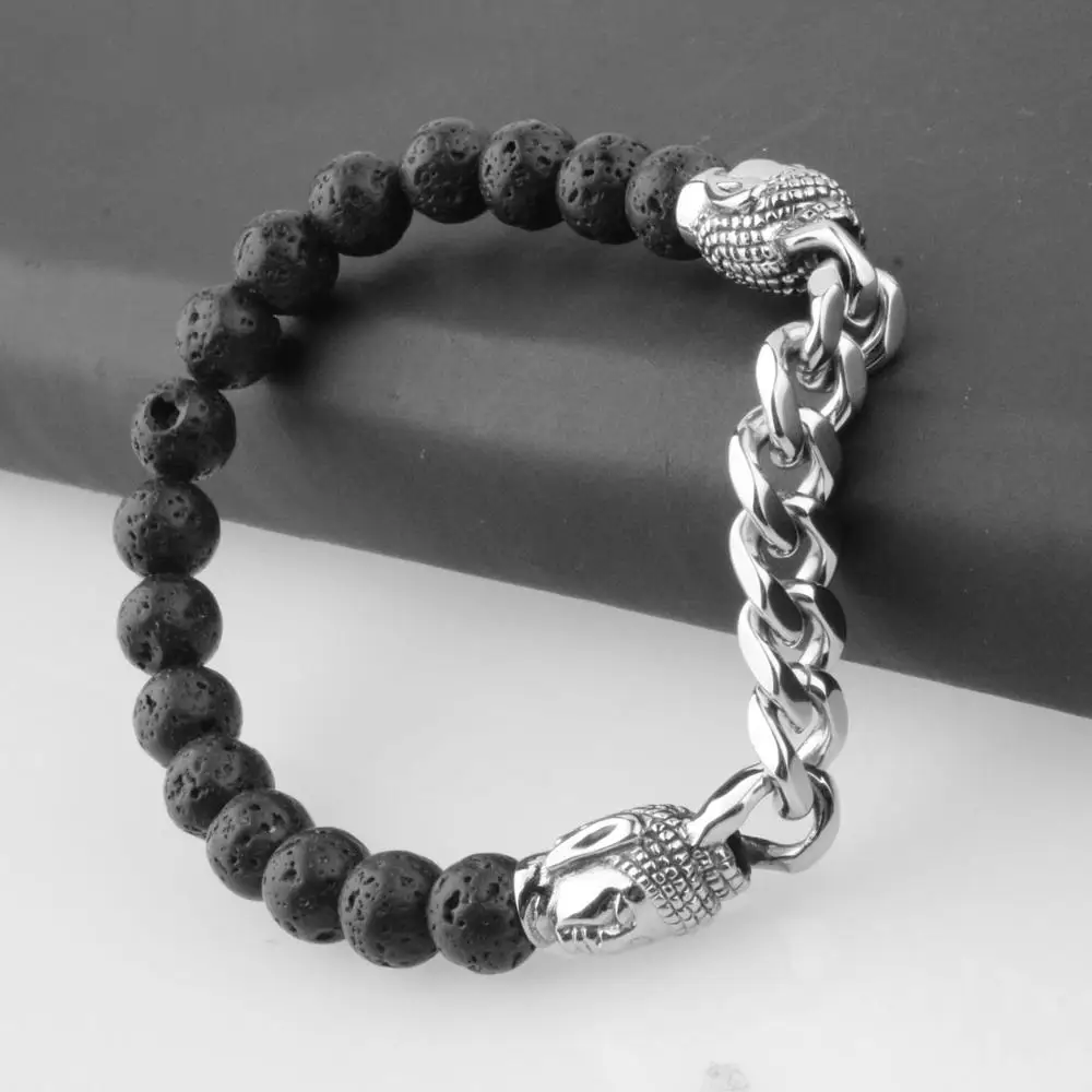 Женский модный браслет с бусинами черный из вулканической стали Буддой