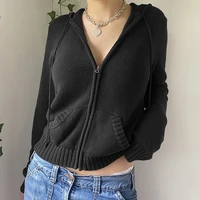 hot selling hooded zipper cardigan pocket design solid color sweater coat is thin and short temperament top