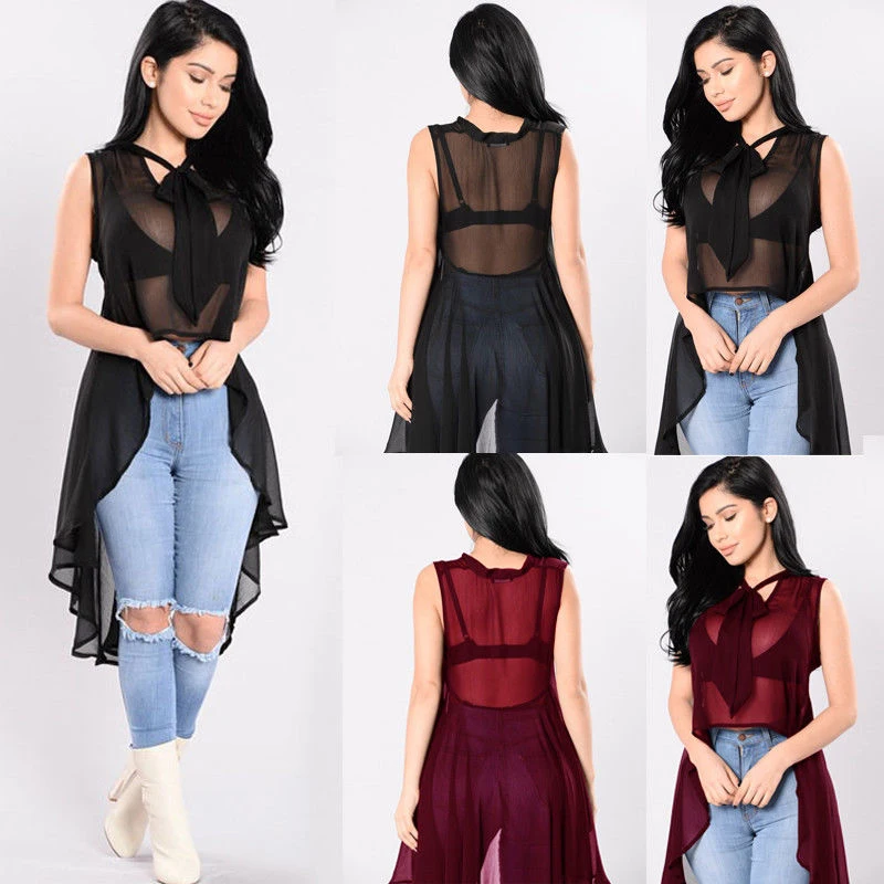 

Women See Through Sheer Summer Tops Sleeveless Irregular Hem Bowknot Casual Shirt Bikini Cover Up Women's Clothing 2021