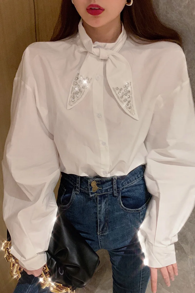 

COIGARSAM Vintage Full Sleeve Shirt Womens tops Women shirts White 0333
