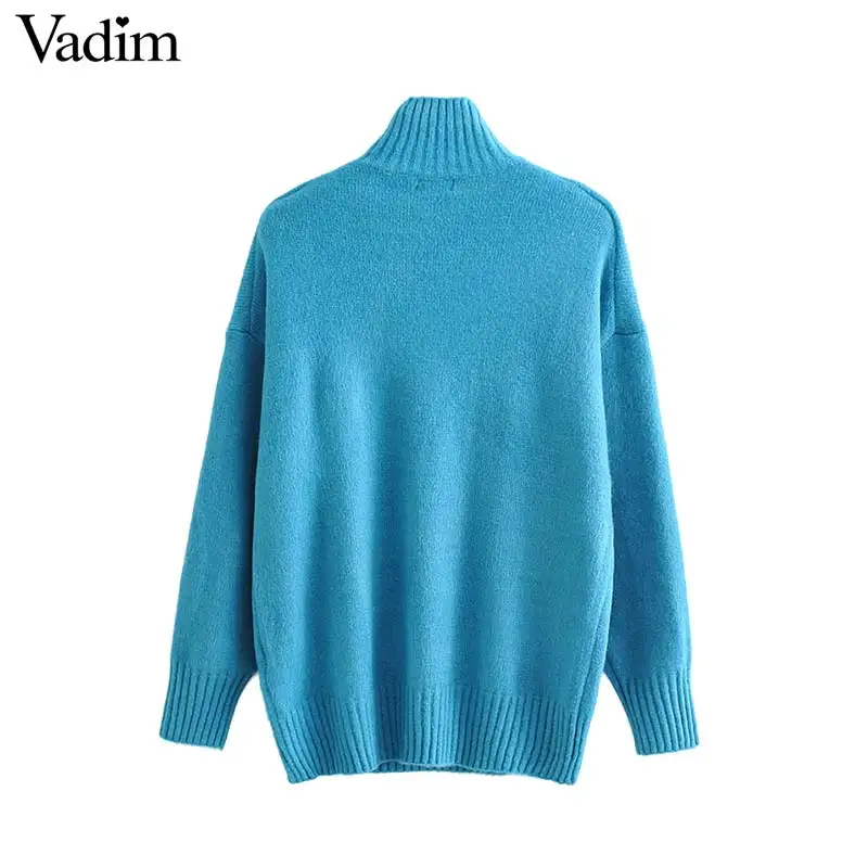 Vadim women elegant blue knitted sweaters stand collar long sleeve stretchy loose pullovers female casual warm basic tops HA616 | Женская