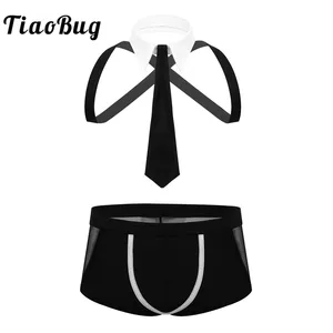 Мужской эротический костюм для ролевых игр, Комплект эротического нижнего белья для официанта, боксеры, трусы с галстуком и ремнем на поясе, нижнее белье для геев
