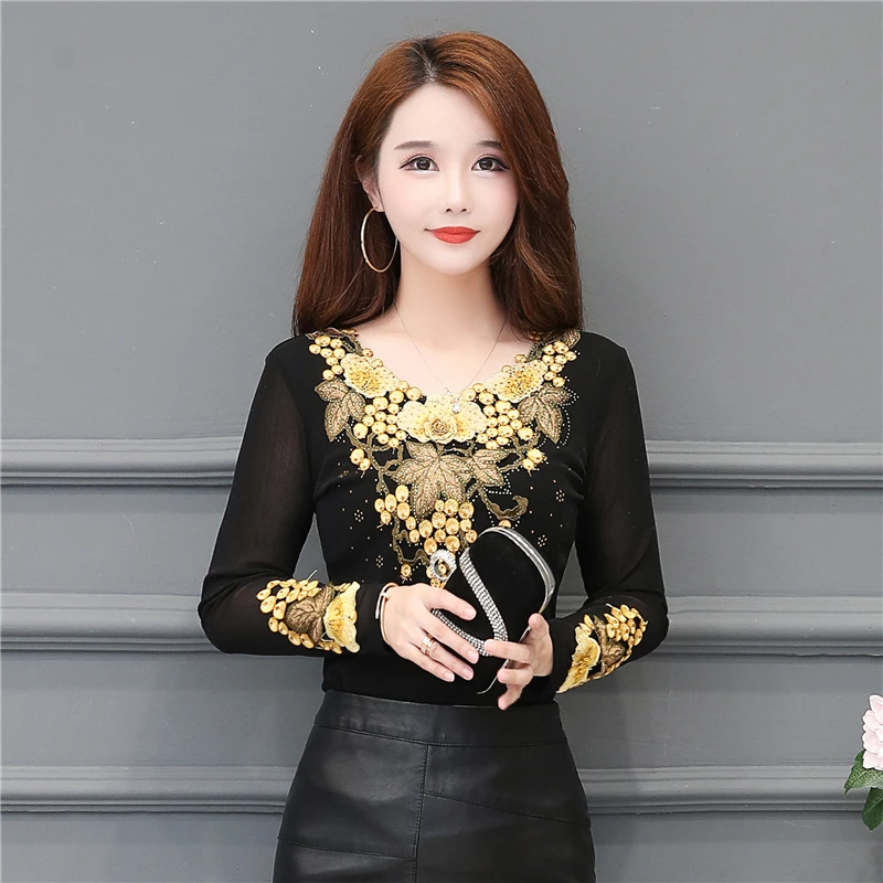 

New Women's Spring Autumn Lace Shirts Ladies Shirt Embroidery Casual Blouses Turtleneck Temperament Sexy tops for Woman