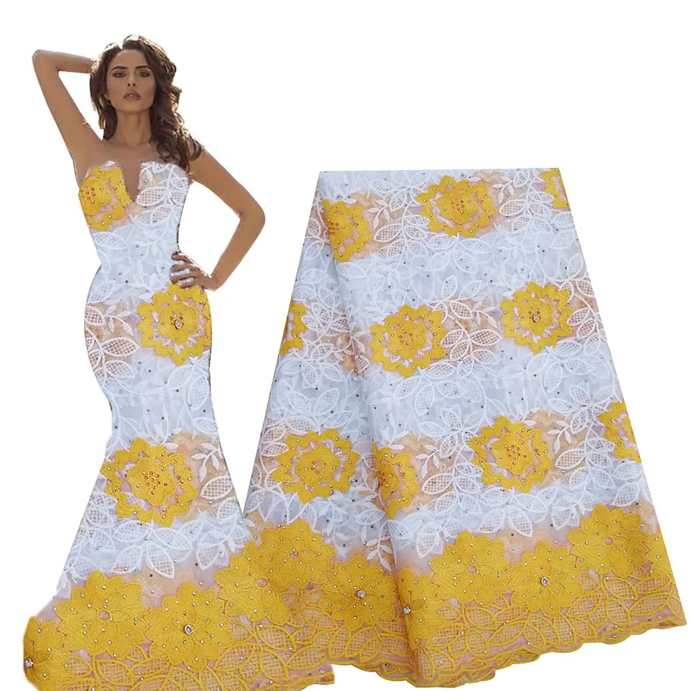 Новое поступление желтая африканская кружевная ткань вышитые камни молочный