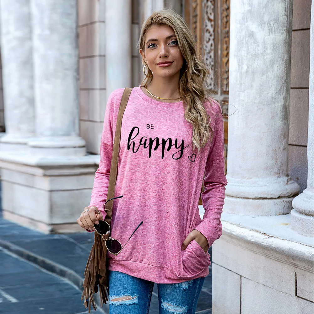 

JFUNCY Happy Letter Long Sleeve T Shirt Women's Autumn Pullover Lady Loose Tee Shirts Female Tops Plus Size Woman Casual T-shirt