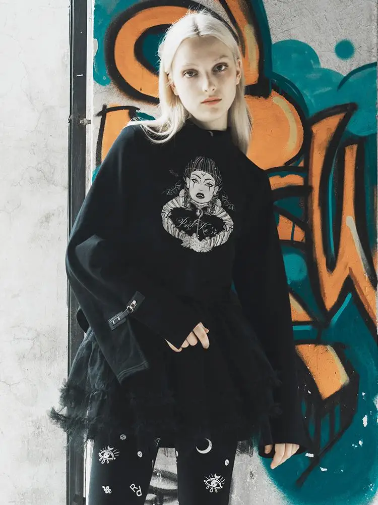 Панк Rave women's Goth Высокая шея ведьма печатных Повседневный свитер PT 404|Футболки| |