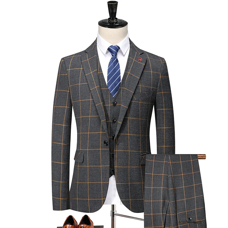 

Blazers Pants Vest Sets Spring Autumn New Fashion Suits / Men's Casual Business Plaid 3 Piece Set Suit Jacket Coat Trousers