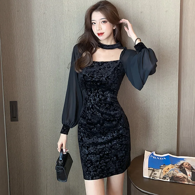 

Autumn Sexy Velvet Mesh Skirt Slim-Fit Dress