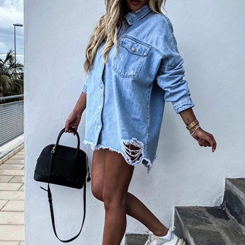 

Женская джинсовая куртка, винтажная Повседневная однотонная куртка свободного кроя с длинным рукавом, рваная джинсовая куртка, осень 2021