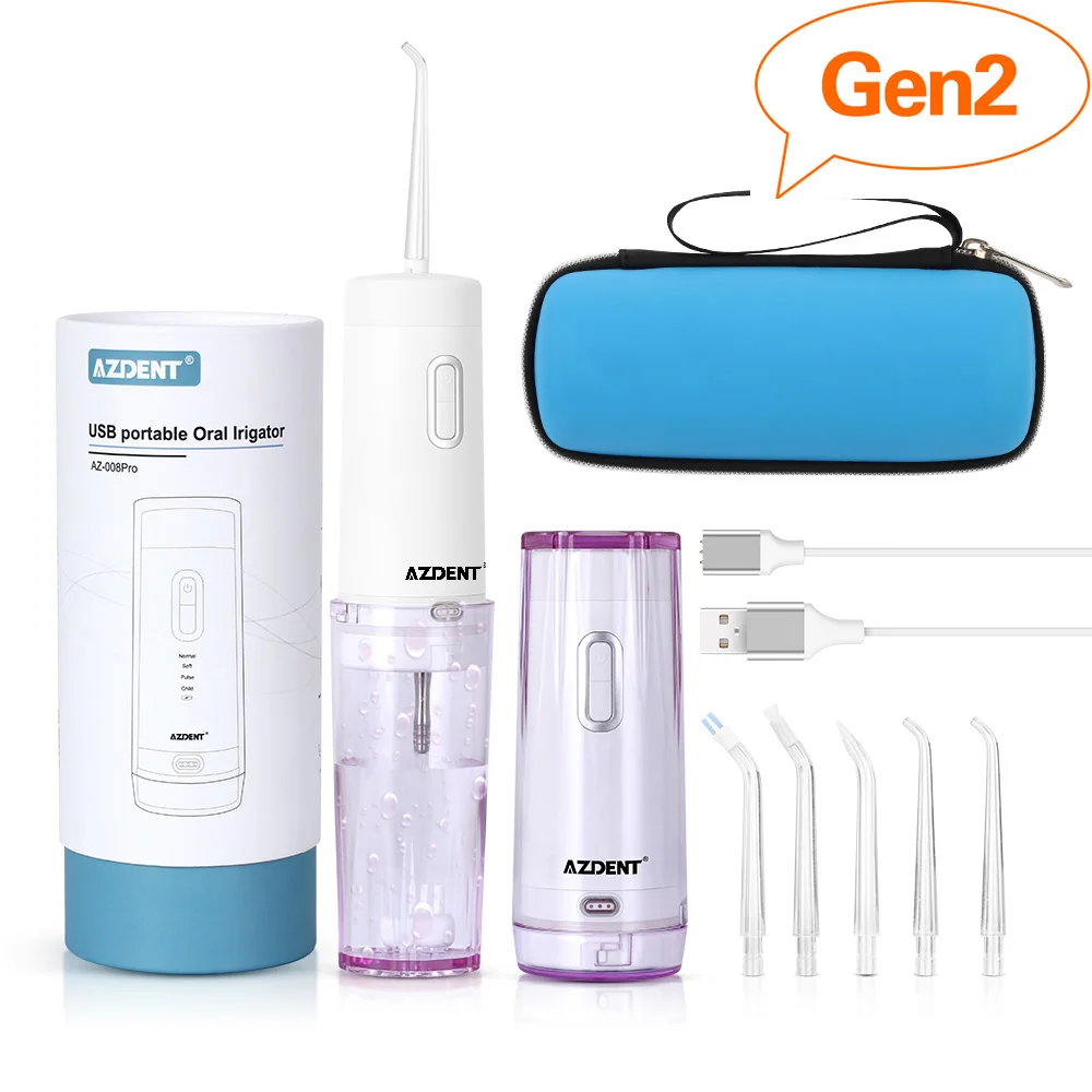 generation 2 purple AZDENT беспроводной Оральный ирригатор портативный водный зубной Флоссер с чехол для путешествий перезаряжаемый аккумулятор 4 режима Чистка носа 5 струйных наконечников - Цвет: generation 2 purple