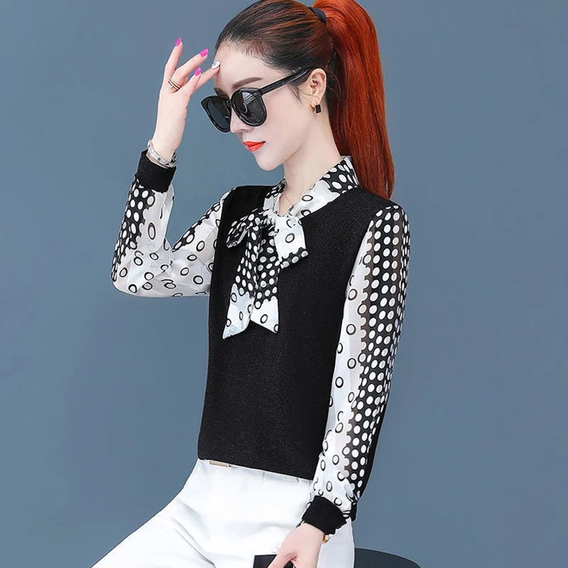 Женские весенне-осенние стильные женские блузки рубашки повседневные в горошек