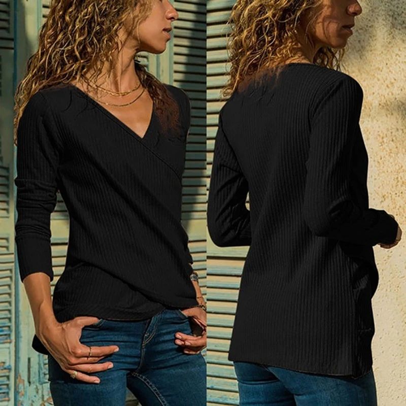 Women Basic T Shirt Top Autumn Criss-Cross V Neck Long Sleeve T-shirt Female Casual Tops Tees Cotton Blend Womens T-Shirts |