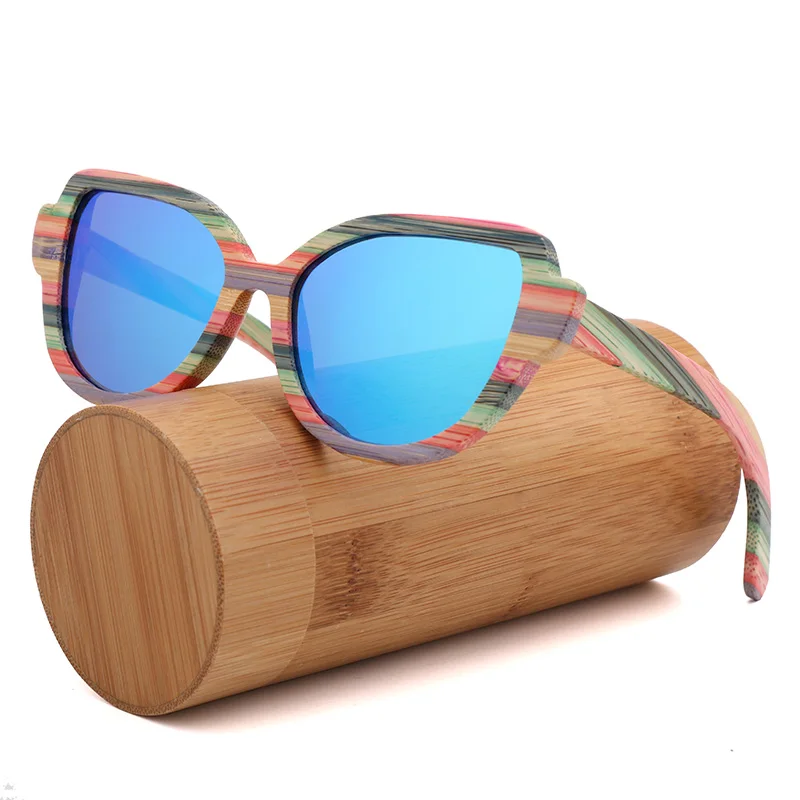 Ice blu - bamboo box Высококачественные модные женские поляризованные солнцезащитные очки с кошачьими глазами для женщин цветные деревянные солнцезащитные очки ручной работы с деревянной коробкой для очков - Цвет линз: Ice blu - bamboo box