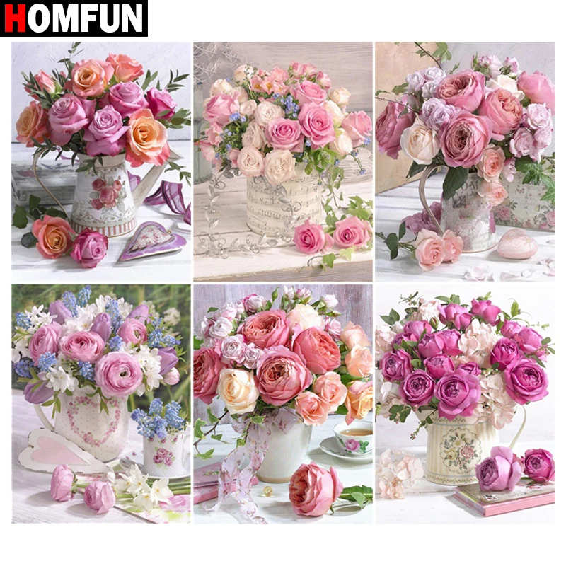 

HOMFUN полная Алмазная вышивка «Цветочная ваза» розовая алмазная живопись вышивка крестиком узоры Стразы Незаконченный декор дома