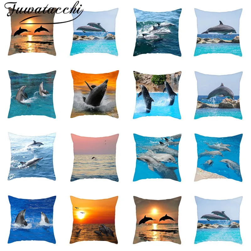 

Fuwatacchi Watercolor Dolphin Throw Pillow Cover Sofa Bedside Cushion Pillowcase Ocean Blue Sea Decorative Pillowcases 45X45CM