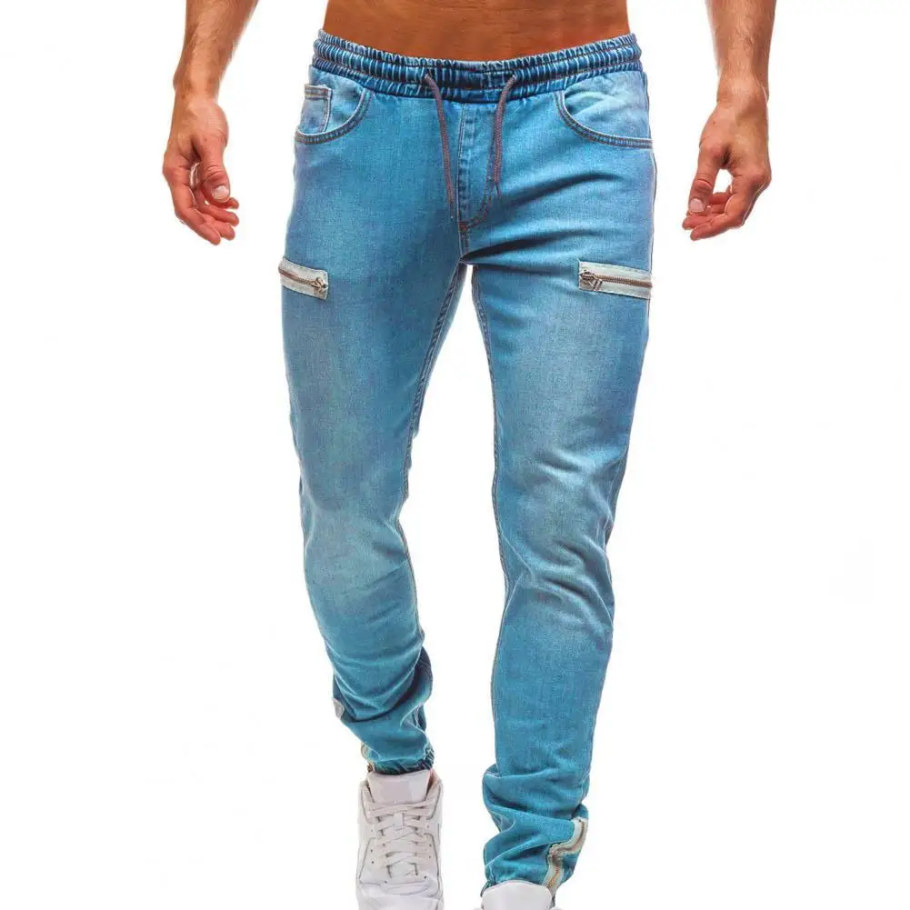 

Summer Men Jeans Denim Pants Frosted Zipper Drawstring Men Multi Pockets Ankle Tied Jeans Men Casual Skinny Trousers Outwears