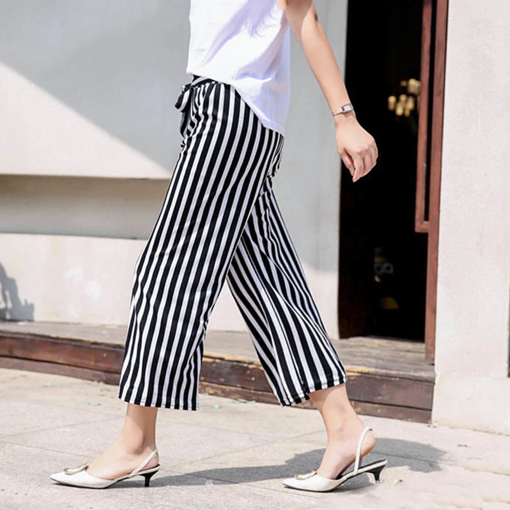Летние модные женские полосатые свободные прямые широкие брюки на шнуровке 9/10